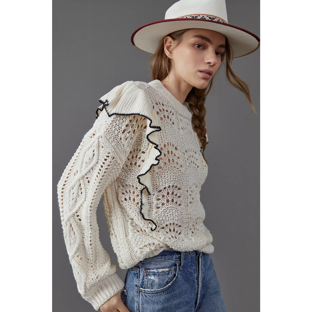 En Saison Pink Sweater Brown Trim Knit Medium